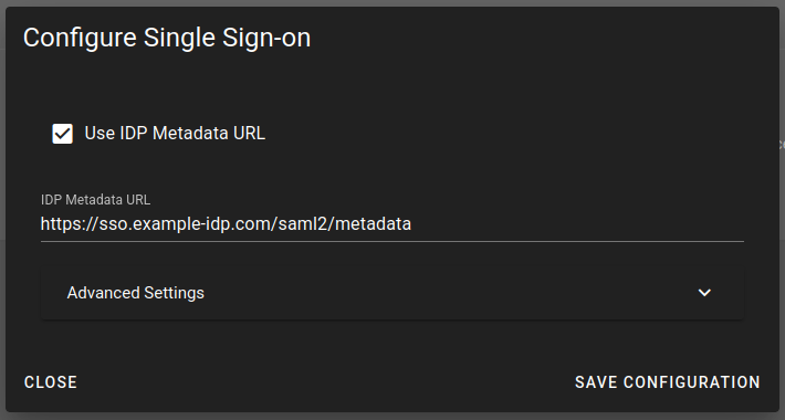 Configuration form with metadata URL