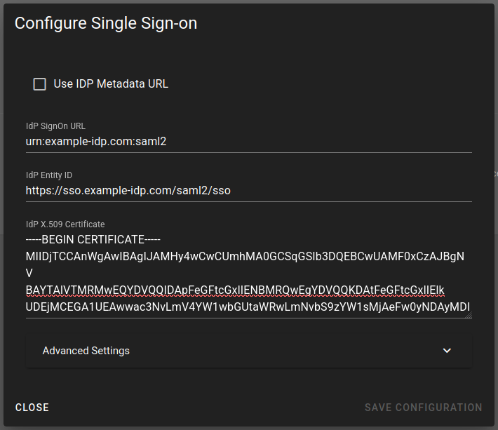 Configuration form with manual settings