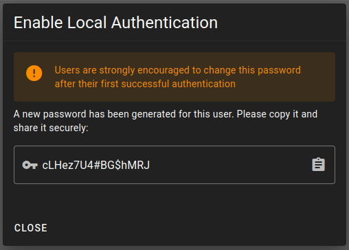 Dialog showing the generated temporary password