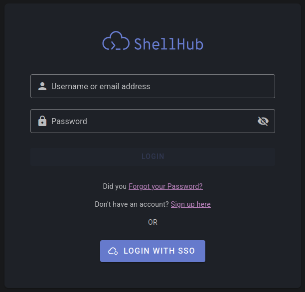 ShellHub login page showing the SSO login option