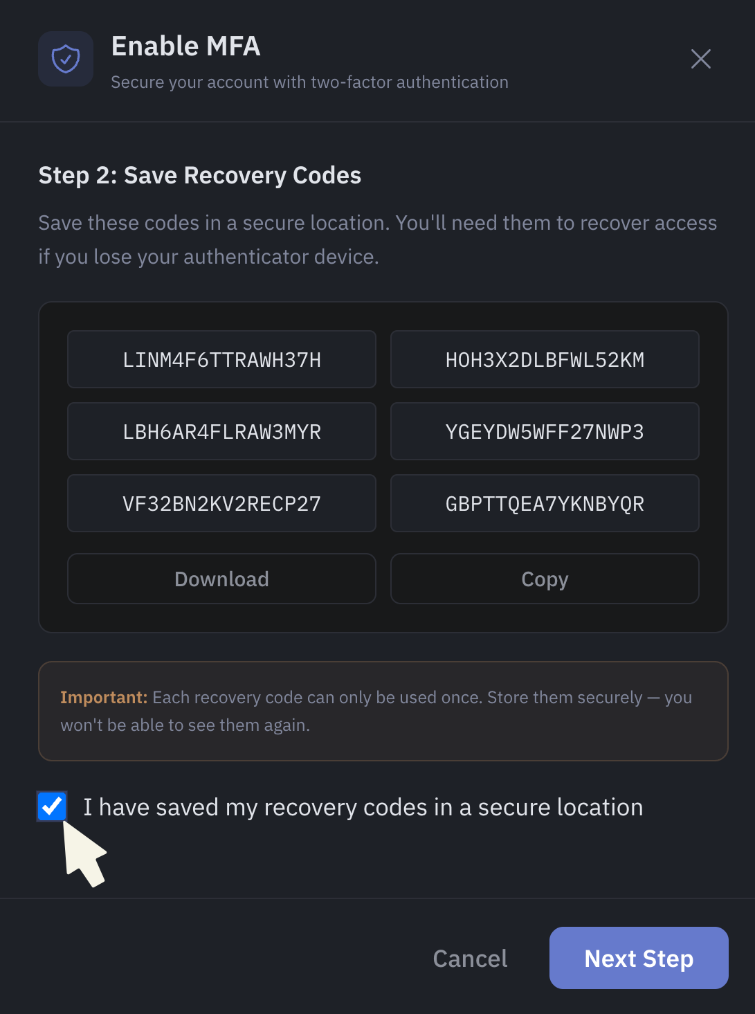 Recovery codes screen