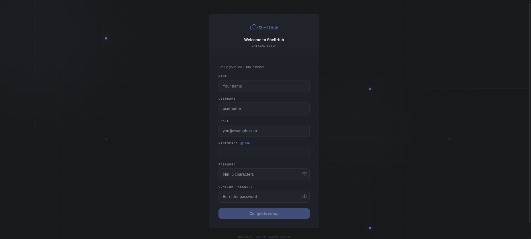 The ShellHub initial setup page