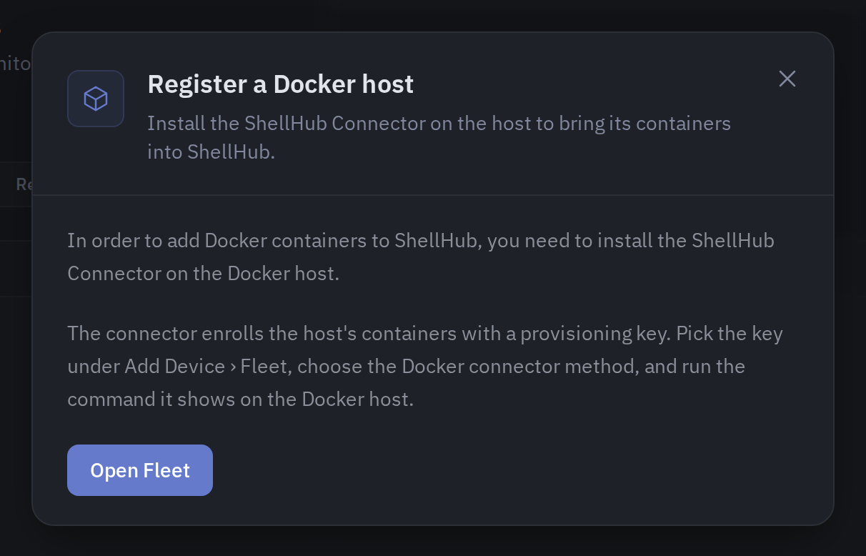 ShellHub Containers page with the Add Docker Host dialog open