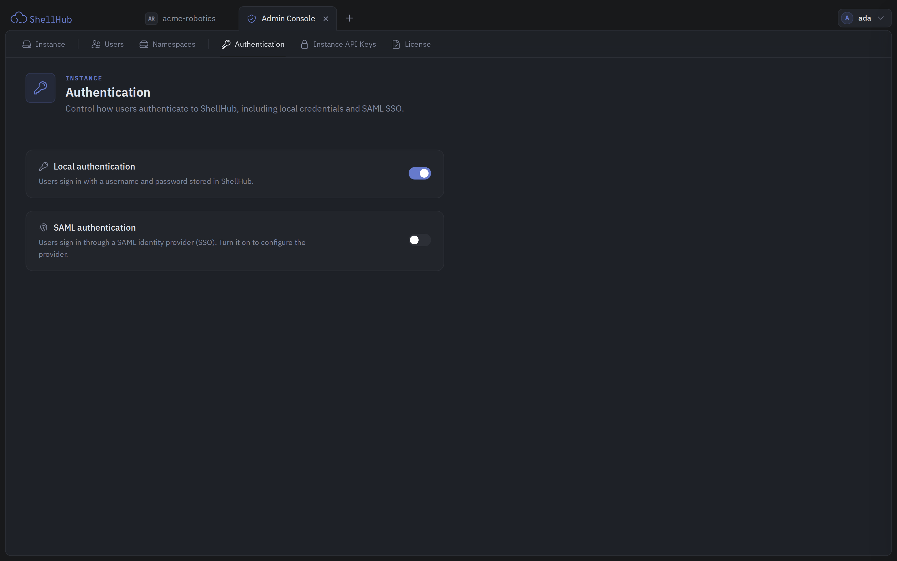 The Admin Console Authentication page with the Local Authentication and SAML Authentication toggles