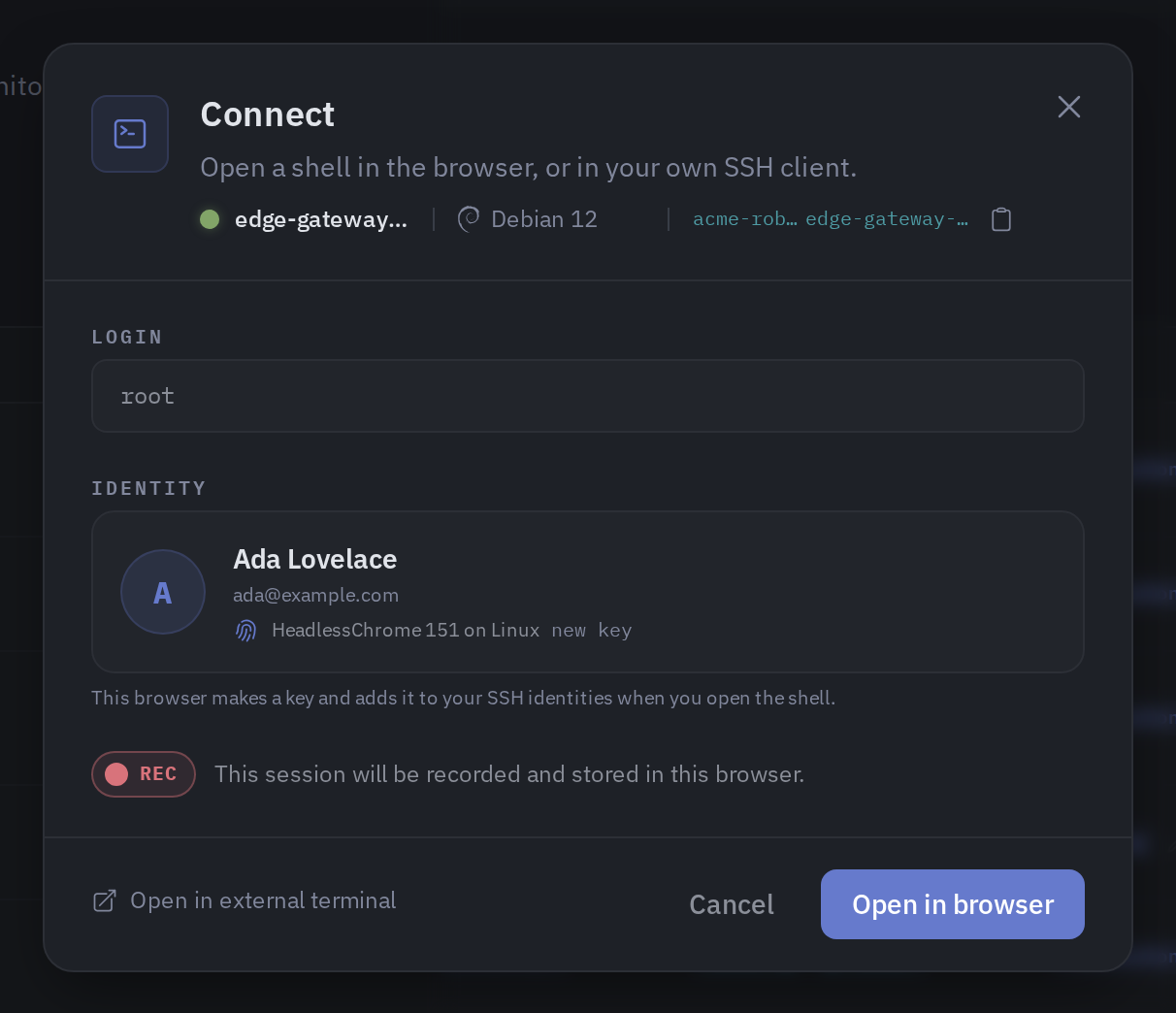 The Connect panel for a device, with the login, the identity it connects as, the link to an external terminal and the button that opens the shell in the browser