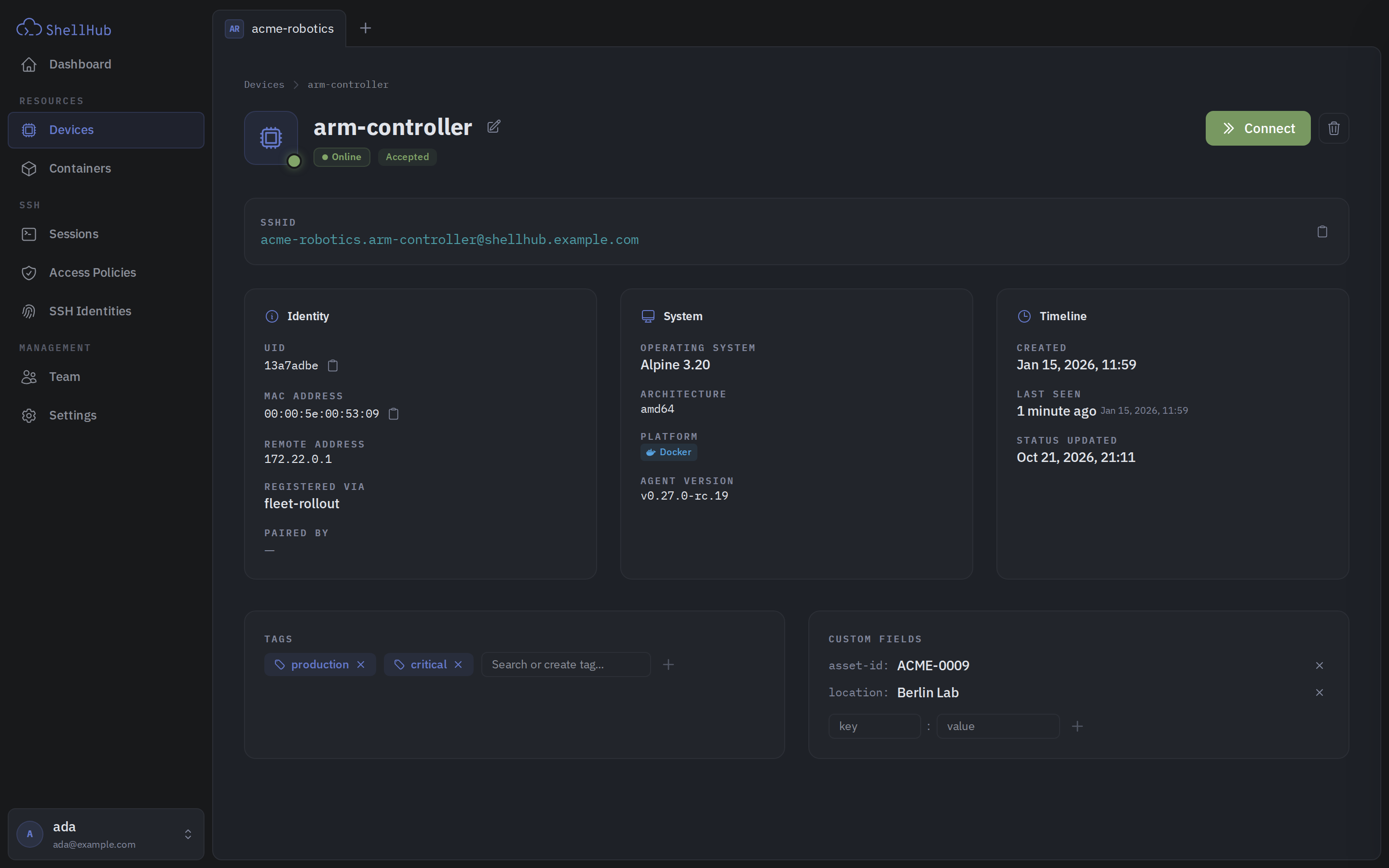 Device details page showing the SSHID with a copy button