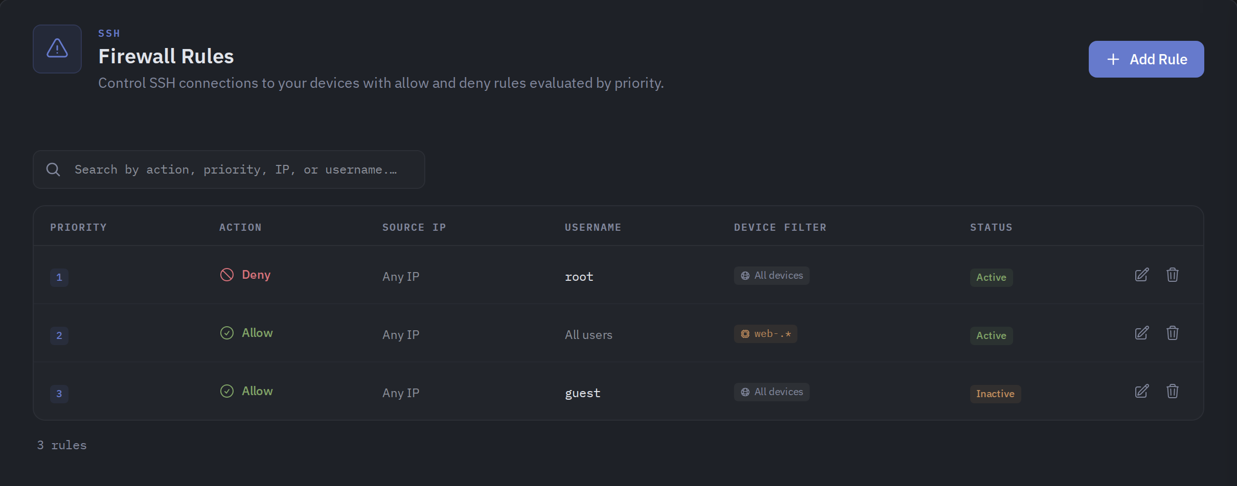 The Firewall Rules page showing a table of rules with Priority, Action, Source IP, Username, Device Filter, and Status columns