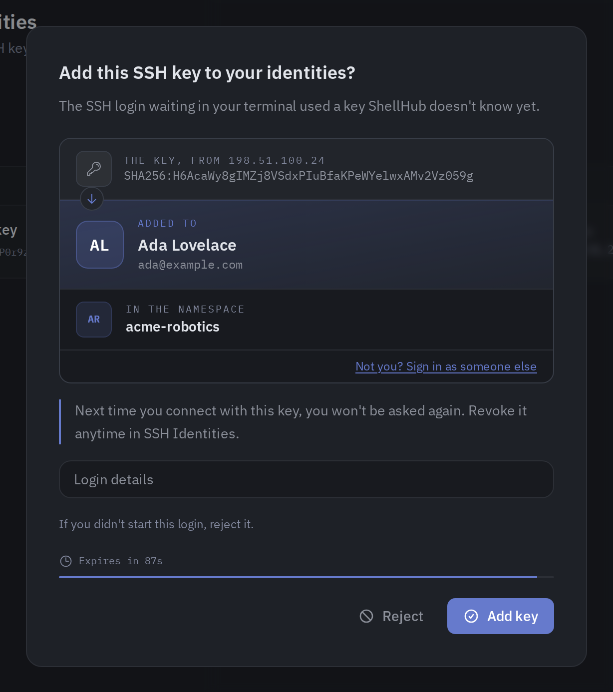 The approval screen for a key the namespace has not seen, showing the key, the account it would be added to and the namespace