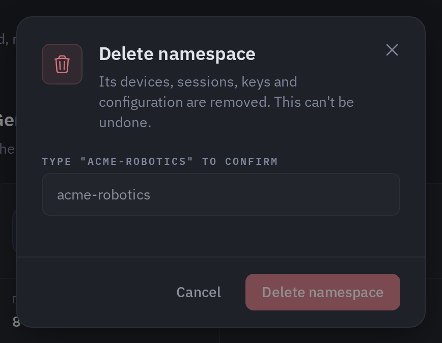 The Delete Namespace dialog, which asks for the namespace name before it will proceed
