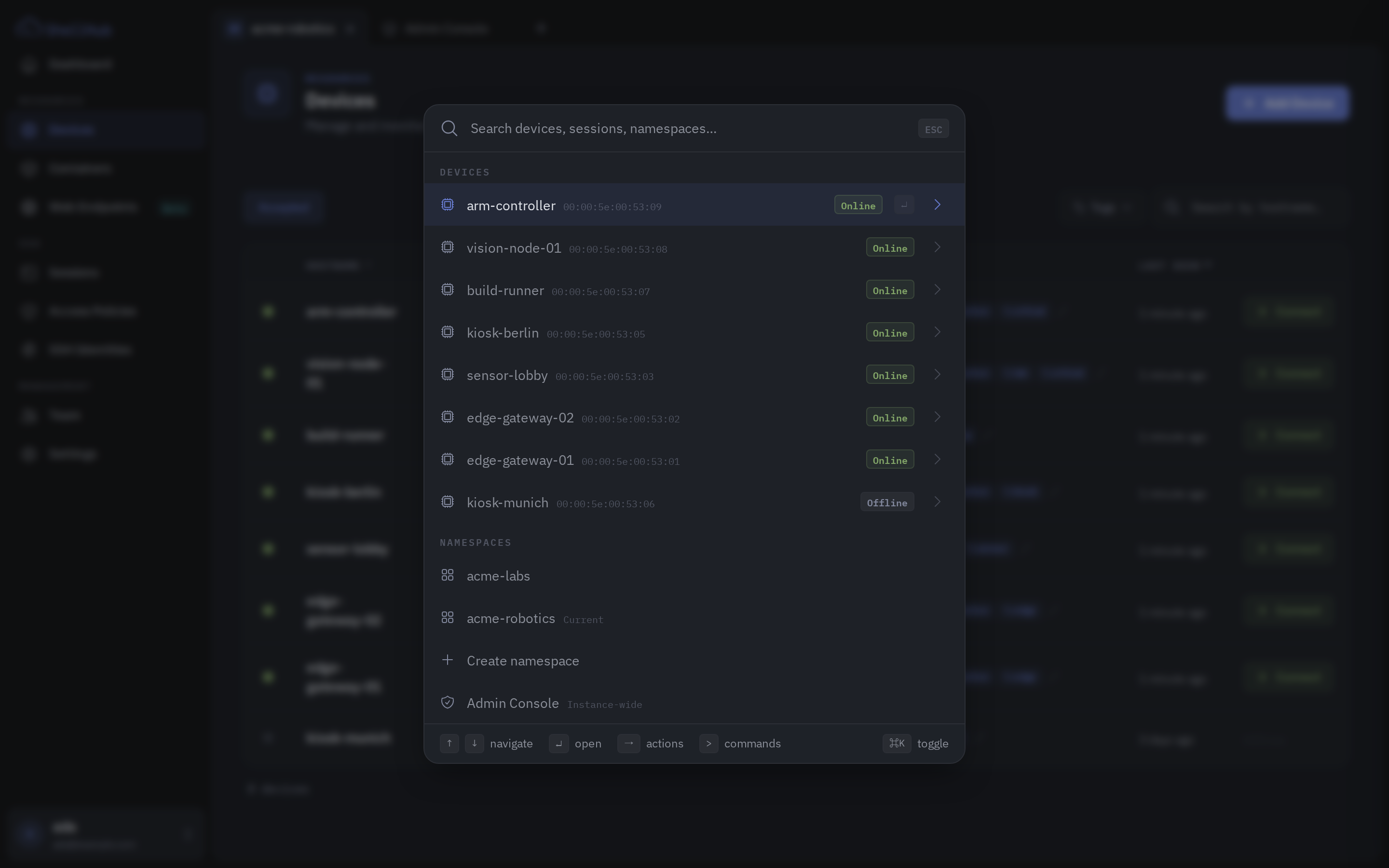 The command palette open, listing the namespaces this account belongs to