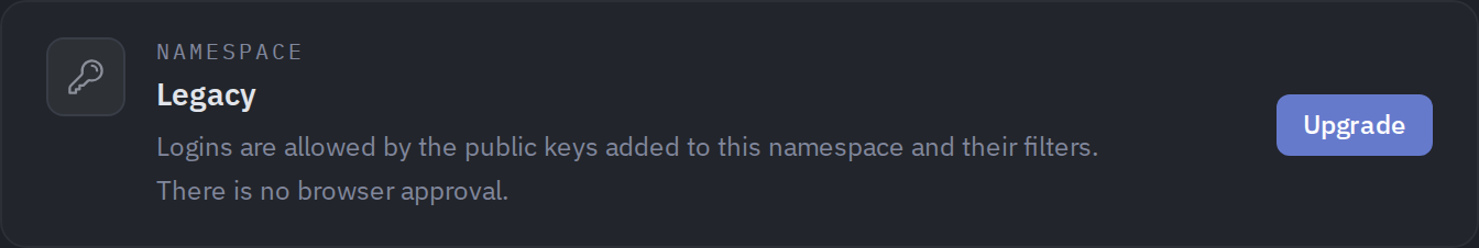 The namespace card of a legacy namespace, with the button that upgrades it