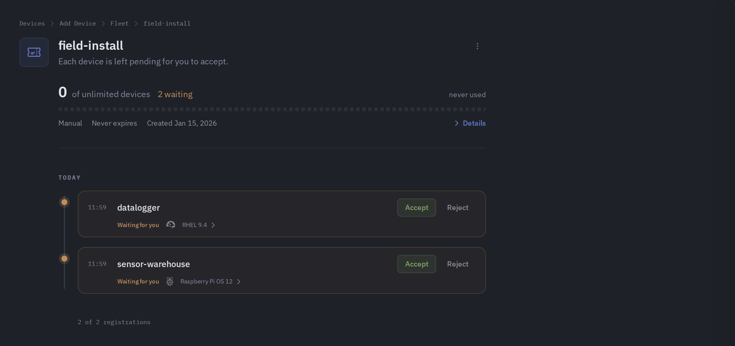 A provisioning key's activity, listing each registration with what the agent reported and the accept or reject