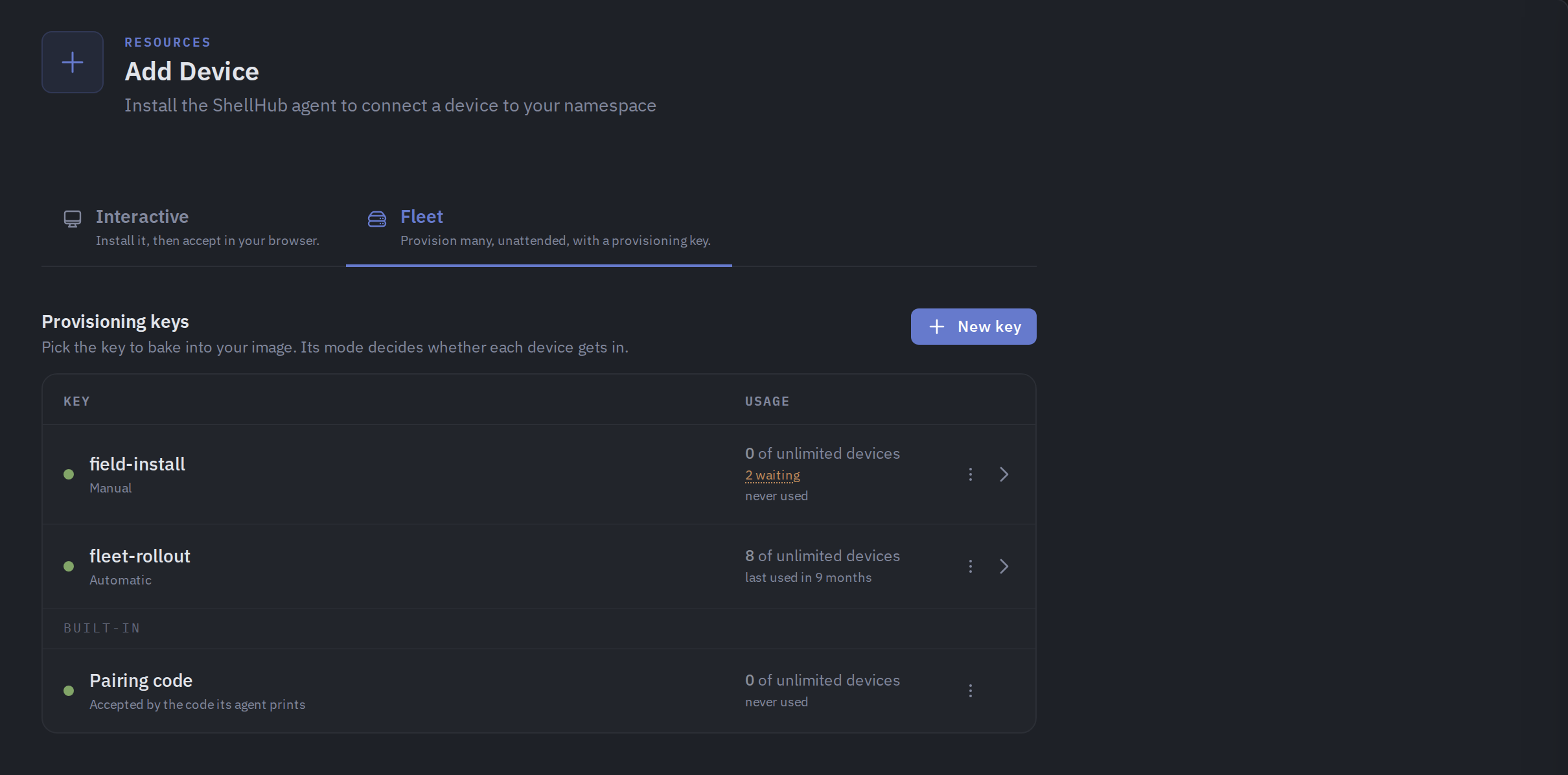 The Fleet tab of Add Device, listing provisioning keys with their mode, usage, and expiration